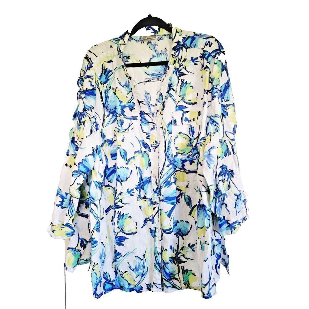 JM Collection 24W Linen Top Shirt Floral Roll Tab Sleeves Tropical Print 3X